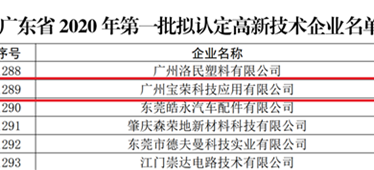 喜报！博宏子公司宝荣科技入选广东省2020年第一批拟认定高新技术企业名单